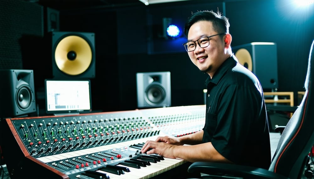 Vietnamese music producer working in a recording studio Vietnamese music producer working in a recording studio